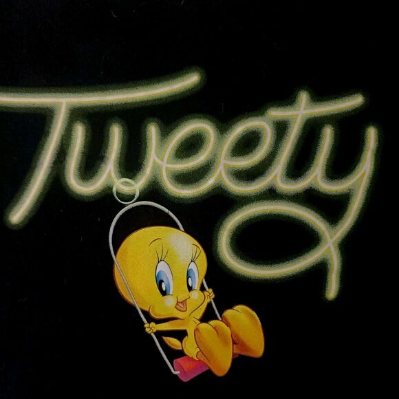 VNT 90's Six Flags TWEETY BIRD on Swing Tshirt Men's Sz XL BLACK GLOW Letters - Picture 2 of 11